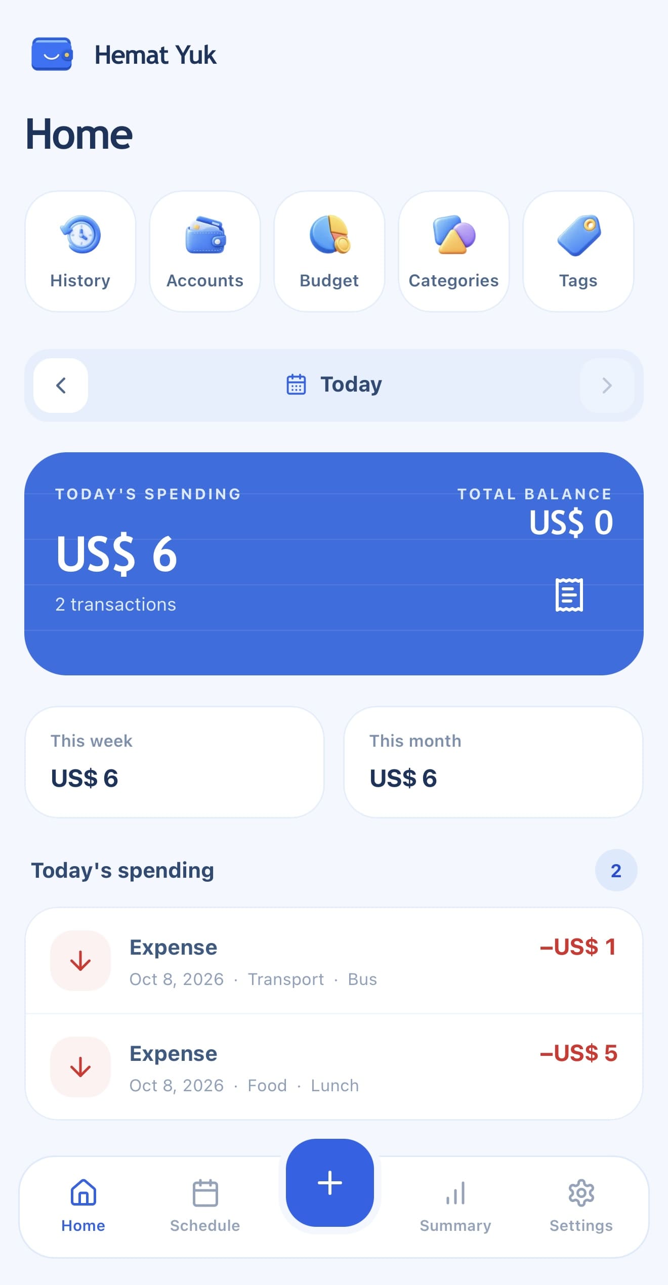 Hemat Yuk home dashboard displaying spending totals and recent expense transactions.