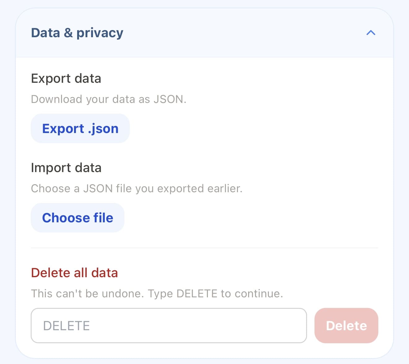 Hemat Yuk data and privacy settings for JSON export, import, and data deletion.
