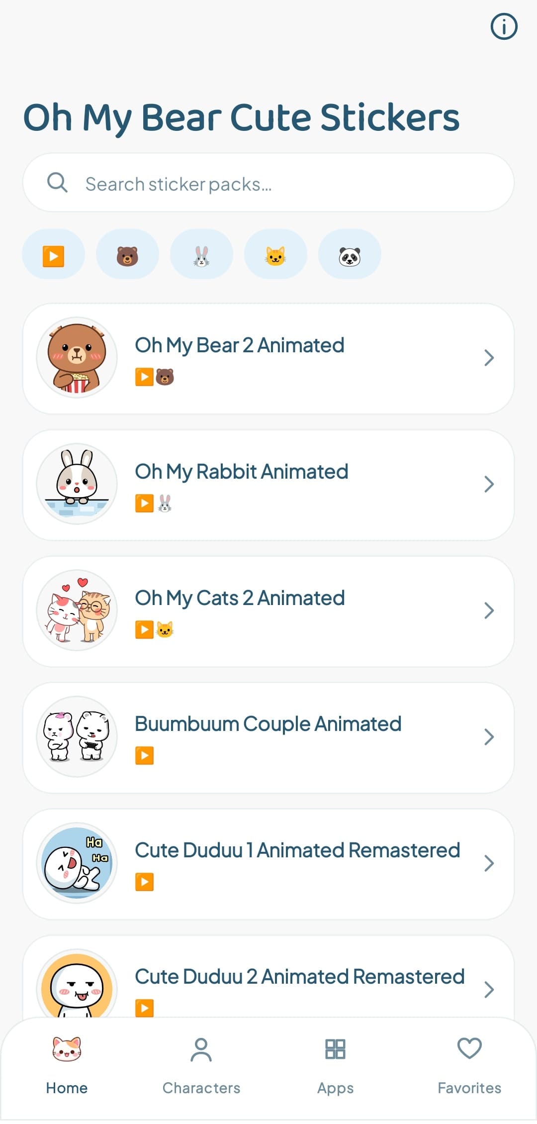 Oh My Bear home screen showing animated sticker packs, search, and character filters.